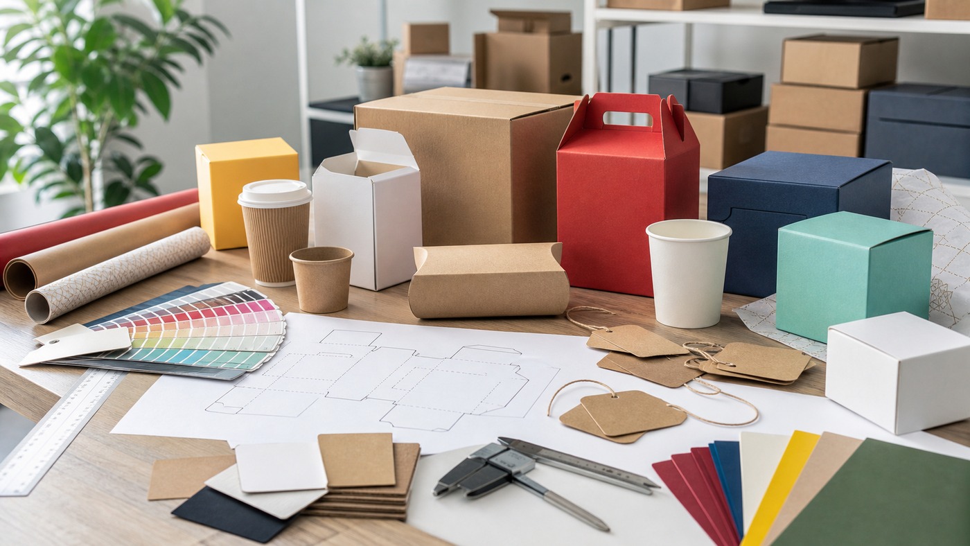 Packaging samples, dieline, materials, and color swatches