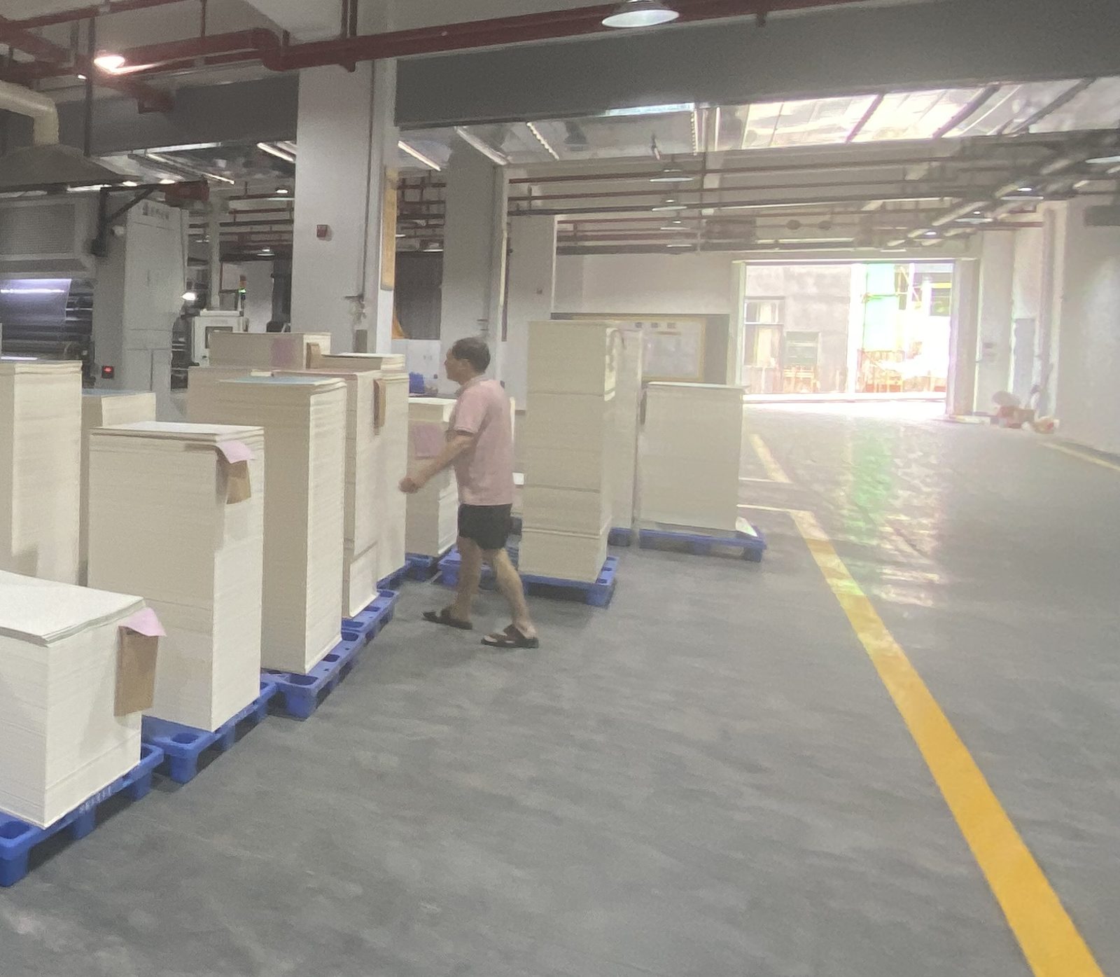 Paper materials staged on pallets in the production area