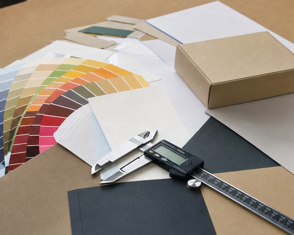 Packaging material review with color swatches and caliper